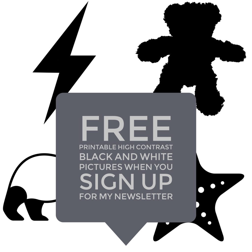 How to use black and white pictures to kickstart your baby's eye development 3 A series of black and white pictures with text overlaid that explains that you can get free printable high contrast black and white pictures when you sign up for my newsletter (which will kickstart your baby's eye development)