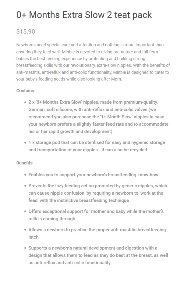 0+ months teats Minbie product description