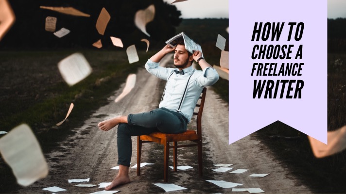 How to choose a freelance writer: an image of a barefoot man sitting in a chair in the middle of a dirt road with paper falling all around him and the article title overlaid (How to choose a freelance writer)