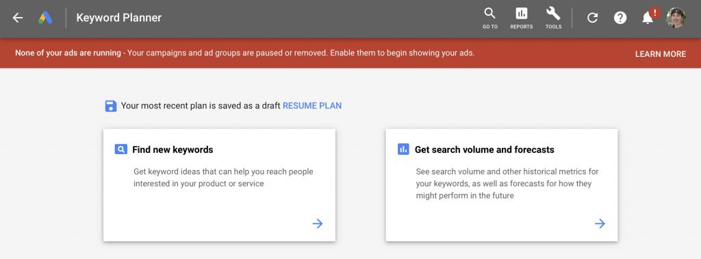 The Google Adwords keyword planner tool