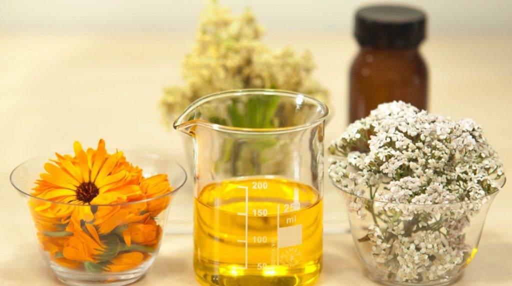 Yarrow is a medicinal plant - in this photo there’s a beaker containing an extract from yarrow flowers and calendula flowers (both of which are also pictured)