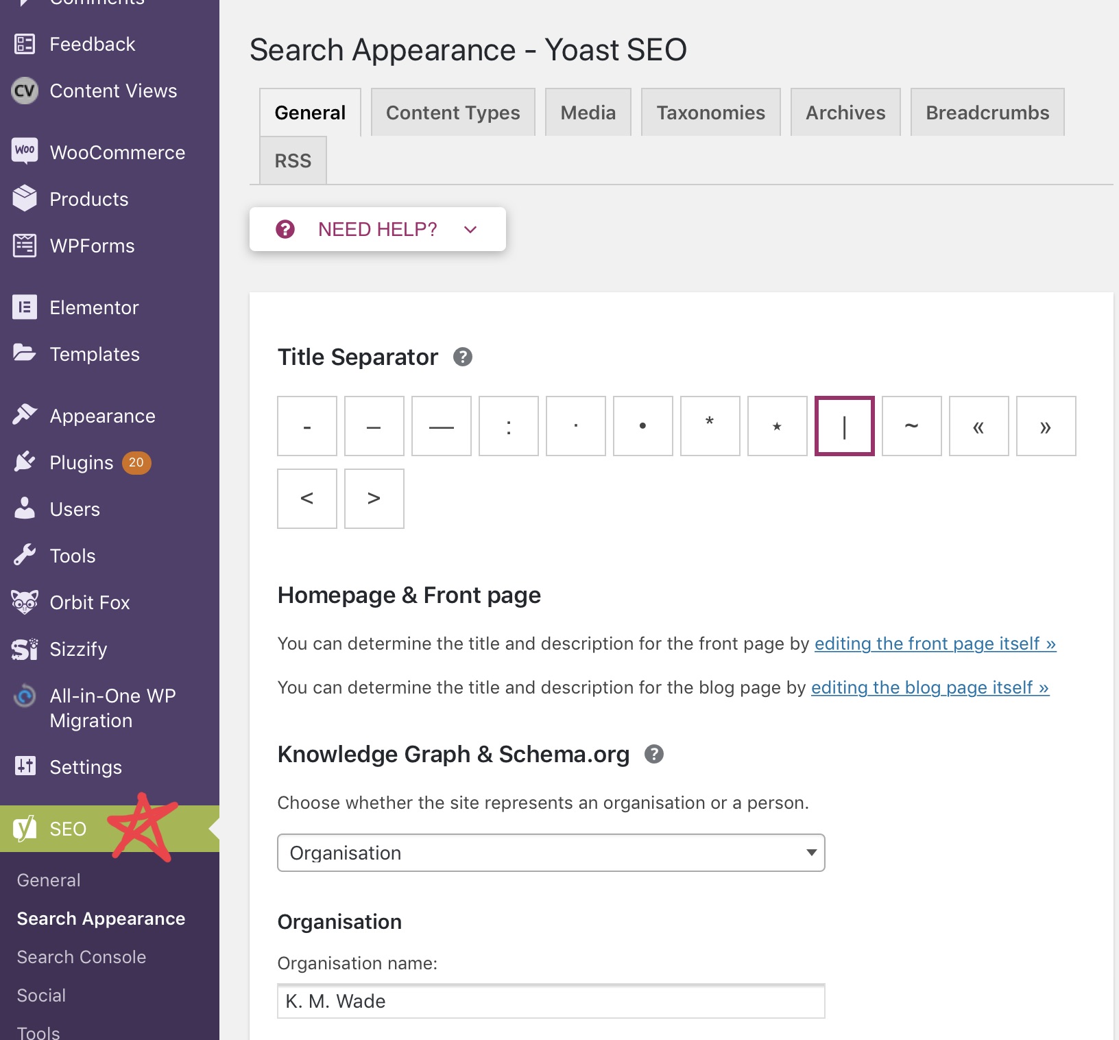 SEO title in Wordpress, change title separator