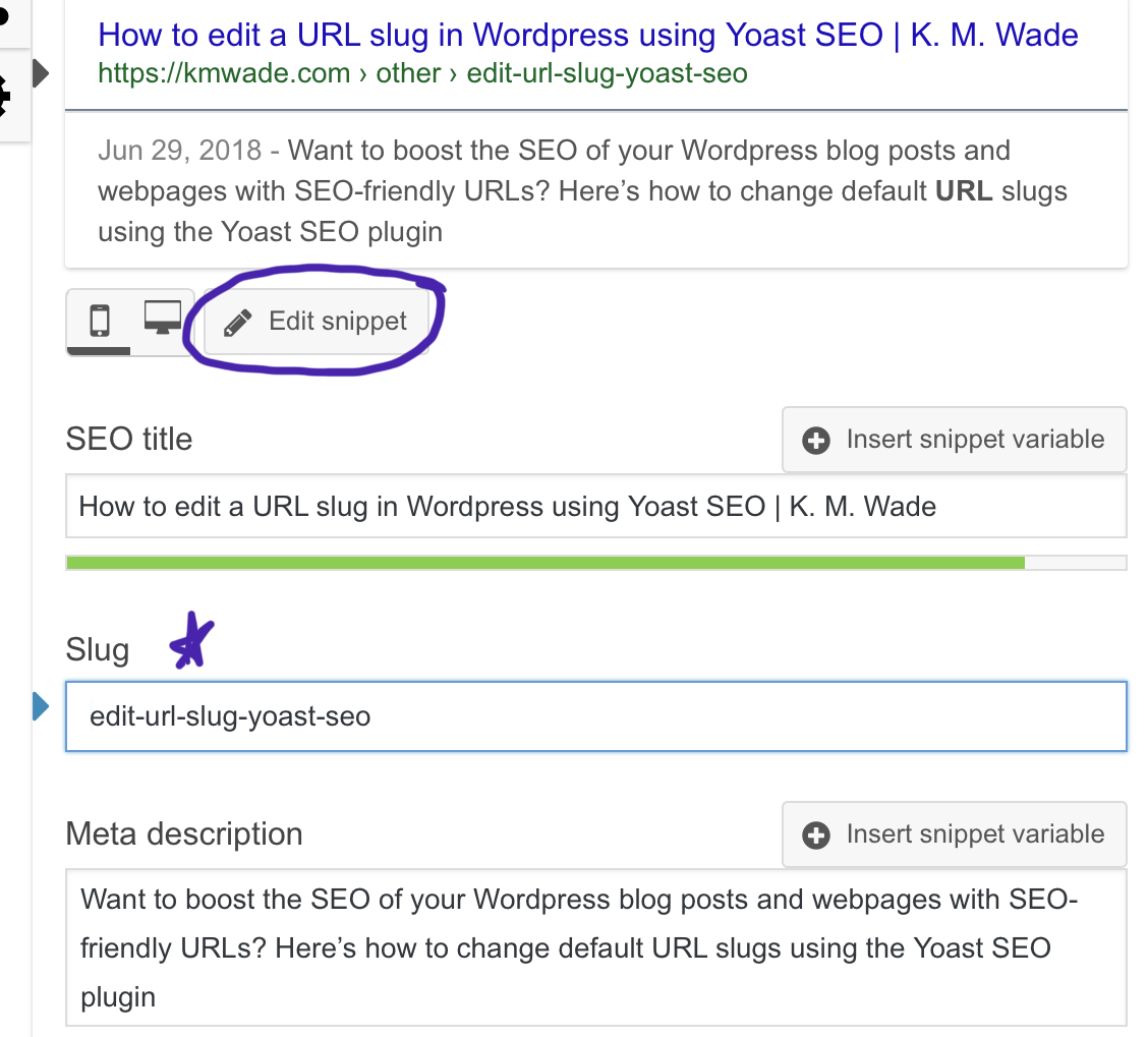 Edit your URL slug — this is a screenshot that highlights where to go to edit your snippet and the field where you can change the default URL slug