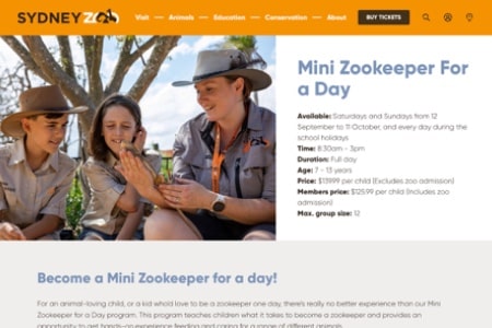 Screenshot of the Sydney Zoo Mini Zookeeper For a Day encounter product description