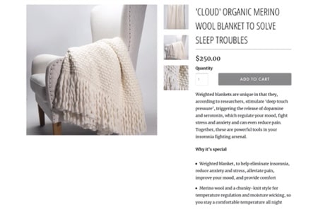 Screenshot of the Cloud Merino Wool Weighted Blanket K. M. Wade crafted for Dust Sugar